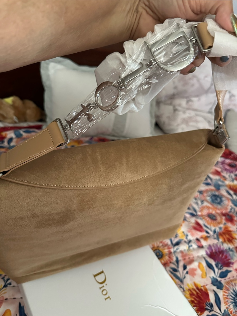 Tan Suede Shoulder Bag with Decorative Strap